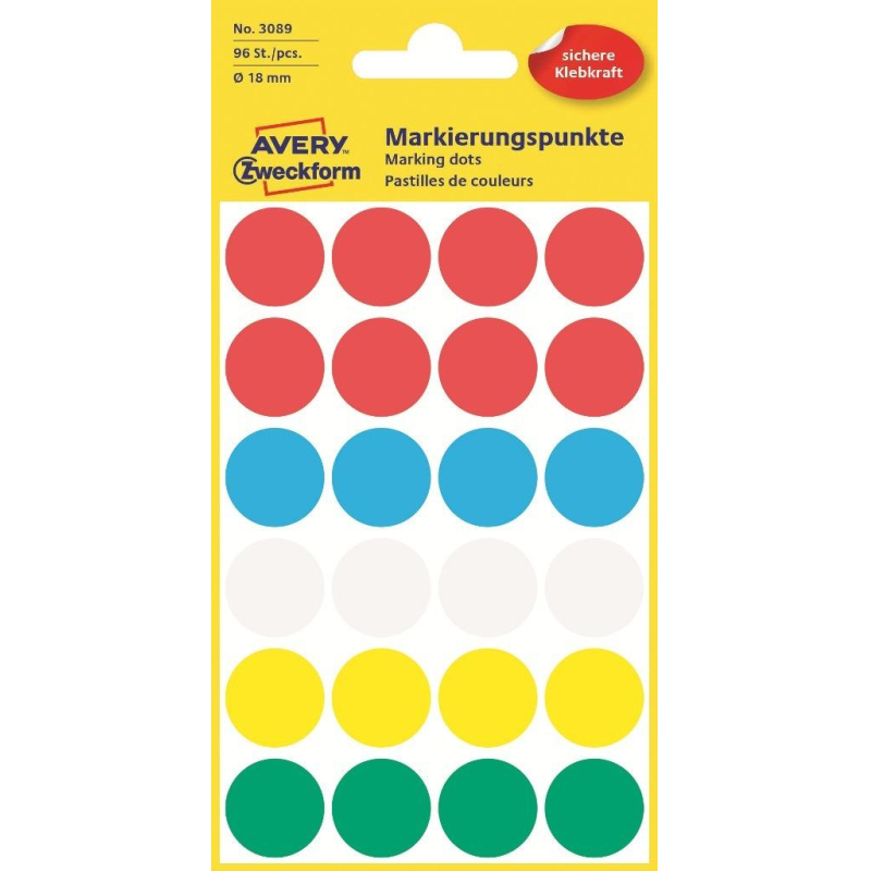 Этикетки самокл. точки, 3089,  d=18mm, разноцветные, 96шт/уп Avery Zweckform 1306524