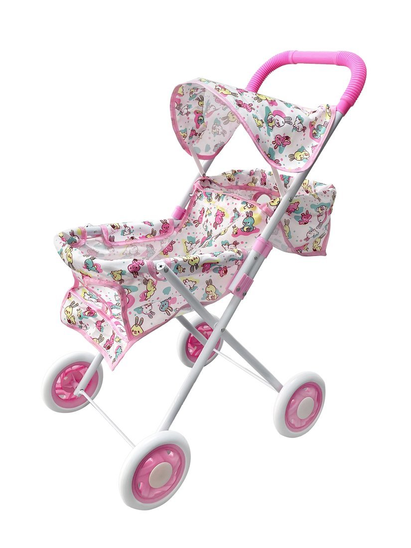 Коляска прогулочная для кукол Зайчики двухместная с крышей, металл. Yako Toys M1263-16F