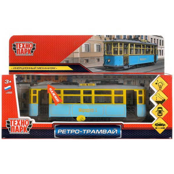 Машинка Технопарк Трамвай Ретро свет и звук синий 17 см TRAMMC1-17SL-BU