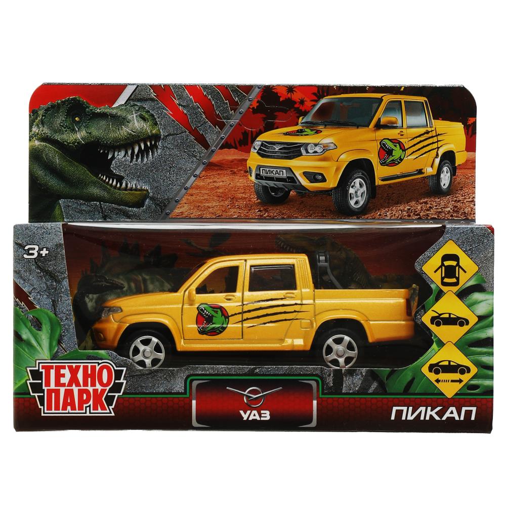 Машина металл Уаз пикап динозавры, 12 см желтый, Технопарк PICKUP-12DIN-YE