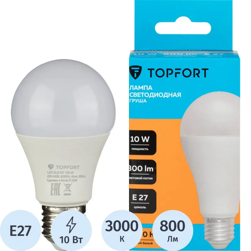 Лампа светодиодная Topfort E27 10W 3000K груша 1885112