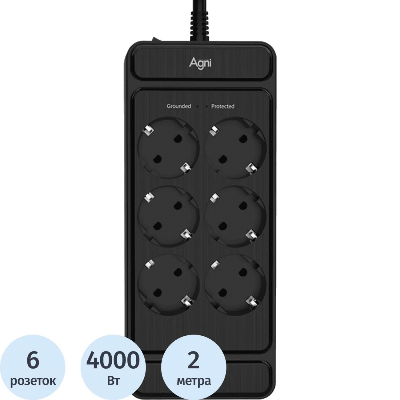 Сетевой фильтр AGNI 6р/2м,черный(TP-FS6E-2m-black) 2444492