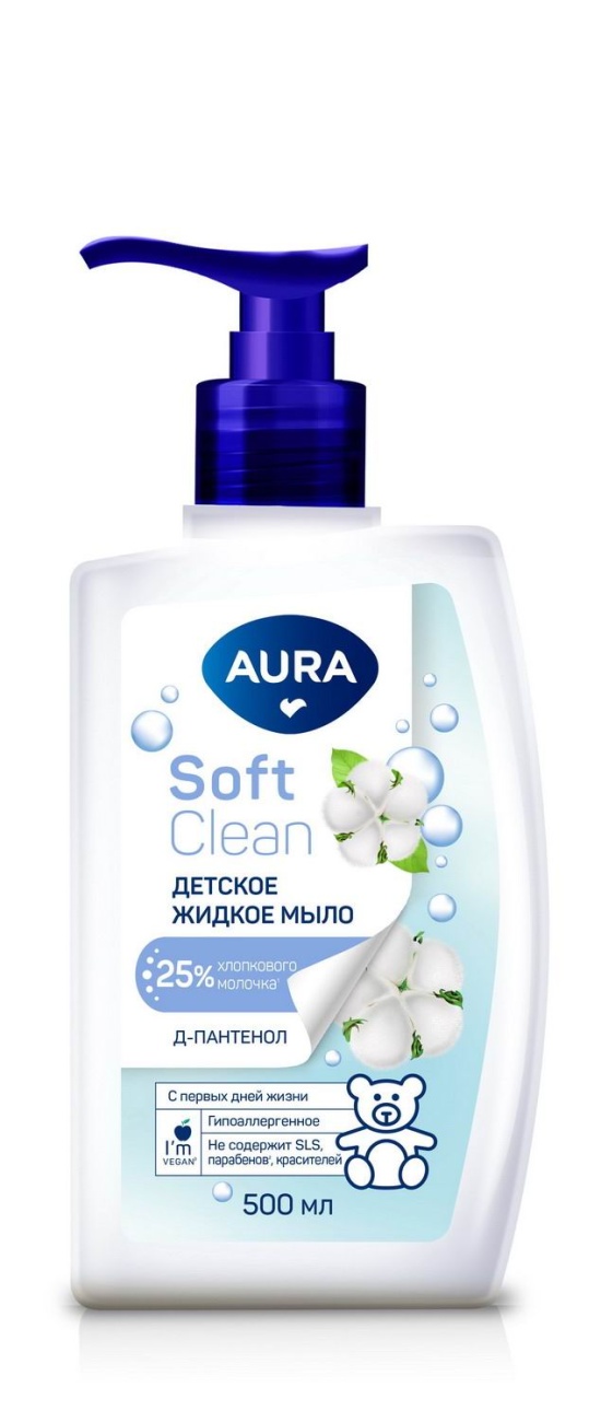 Жидкое мыло AURA Soft Clean Хлопок и Д-пантенол детское флакон/дозатор 500мл 4752171018181