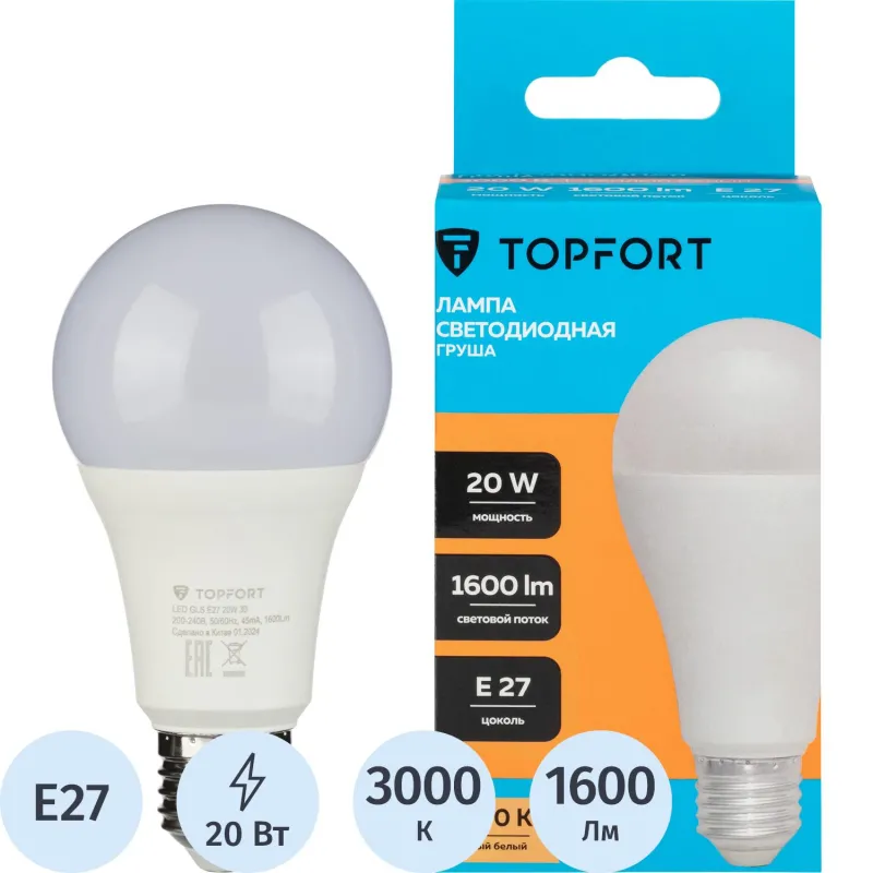 Лампа светодиодная Topfort E27 20W 3000K груша 1885126
