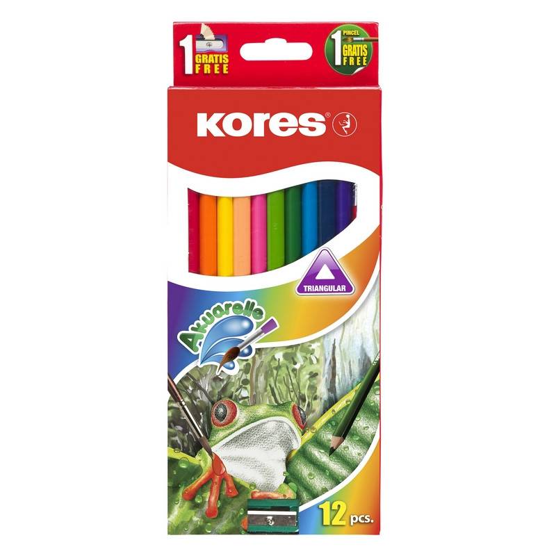 Карандаши цветные акварельные Kores с кистью 12 цветов трехгранные с точилкой 312700