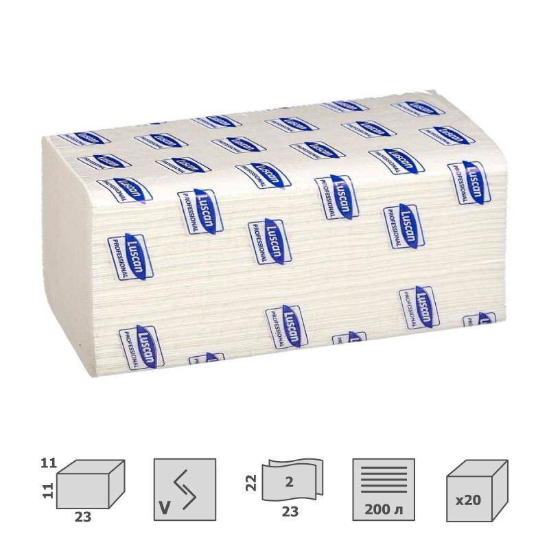 Полотенца бумажные лые Luscan Professional V-сложения 2-слойные 20 пачек по 200 л (арт.601118)