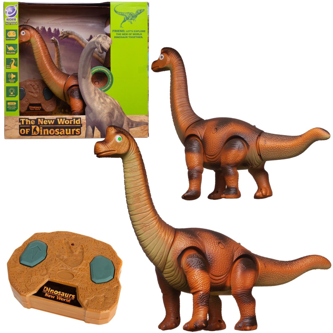 Игрушка интерактивная JUNFA Динозавр Бронтозавр коричневый, свет звук движение, р/у 9984/коричневый