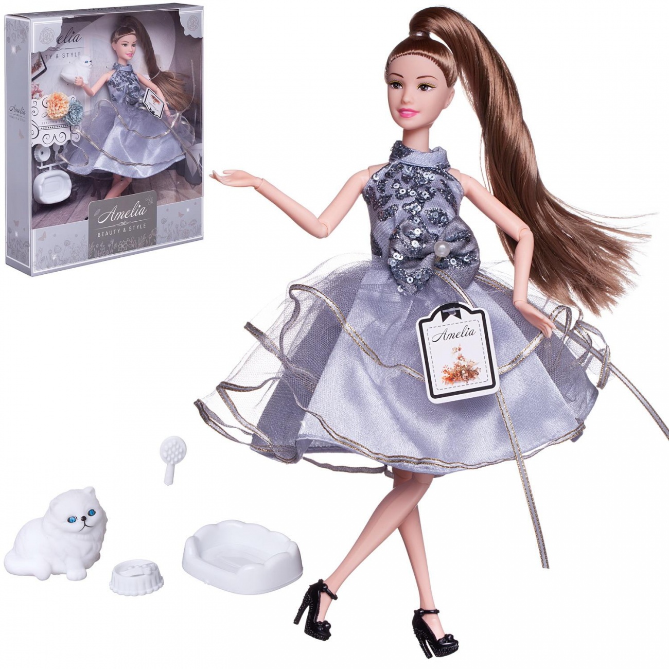 Кукла ABtoys Amelia. Роскошное серебро с котенком в платье с пайетками, 30см PT-01629