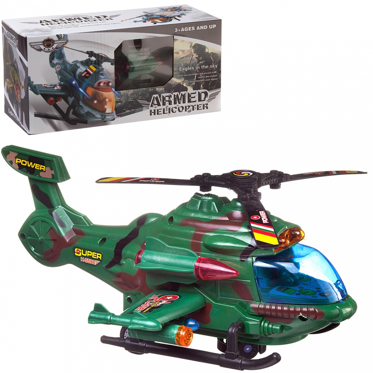 Вертолет боевой Junfa, электромеханический, свет/звук, зеленый 5602B/зеленый
