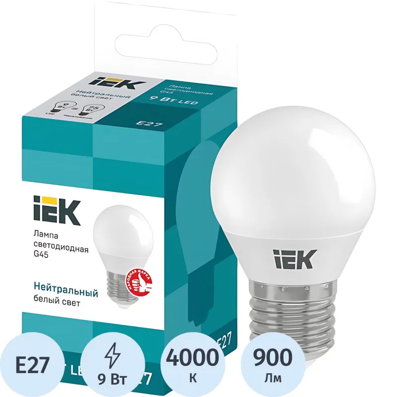 Лампа светодиодная Eco G45 9Вт шар 4000К E27 IEK LLE-G45-9-230-40-E27 2082403 1273614