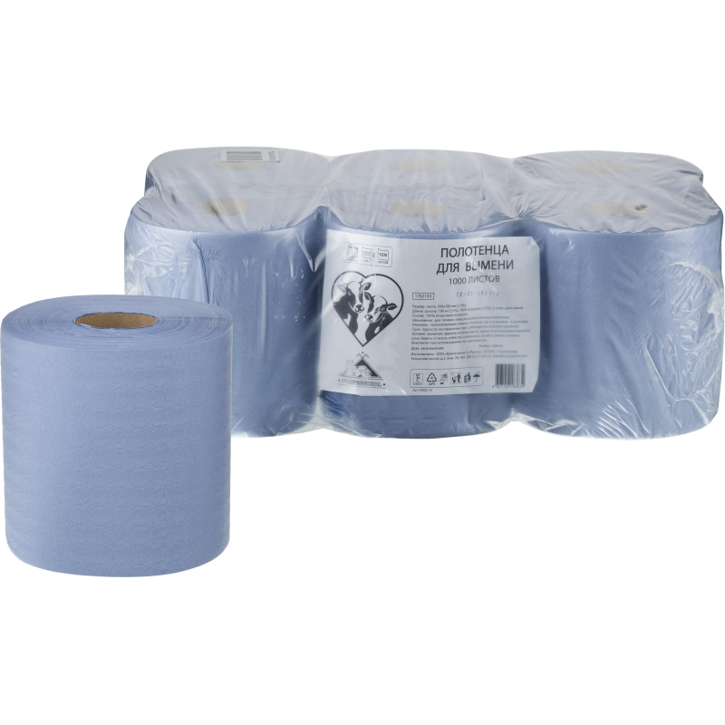 Бумага протирочная для вымени синяя 20х18см 1000л 6рул/уп 1762103 СИБВ2.1.8