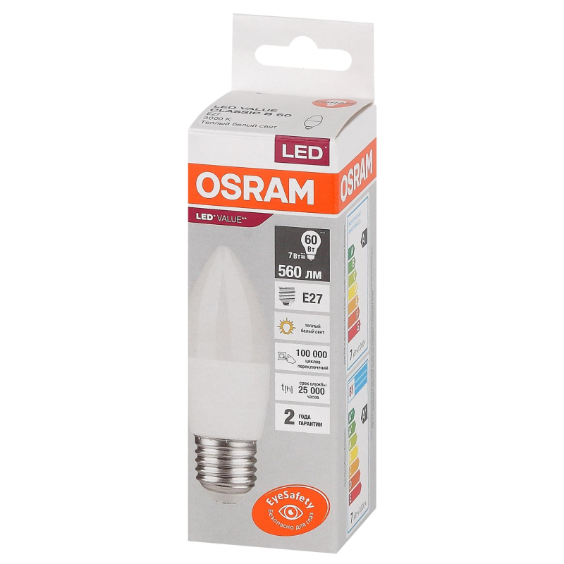 Лампа светодиод Osram LED Value B, 560лм, 7Вт (замена 60Вт), 3000К E27 1683478 4058075579446