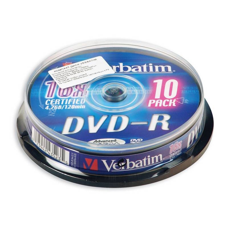 Диск DVD-R Verbatim 4,7 GB 16x (10 штук в уп) 43523 75750