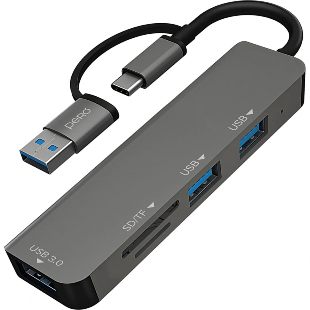 Разветвитель USB PERO MH05 USB-С/A TO SD+TF+USB 3.0+2xUSB 2.0 серый 2370505 4673759570498