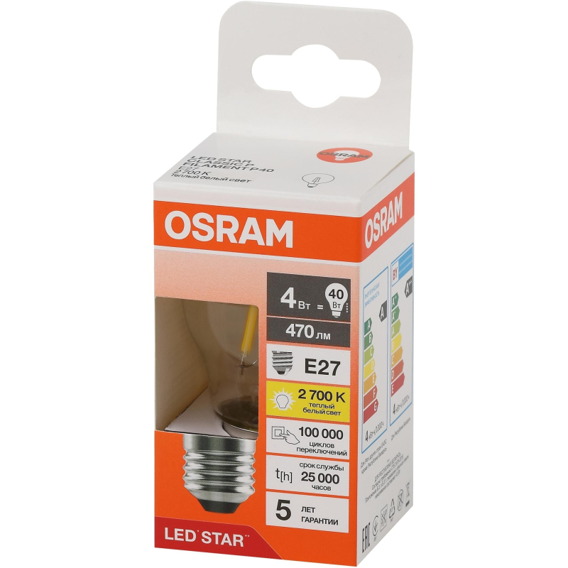 Лампа светодиодная OSRAM LS CLP40 4W/827 230VFILCL E27 FS1 1894954 4058075684607