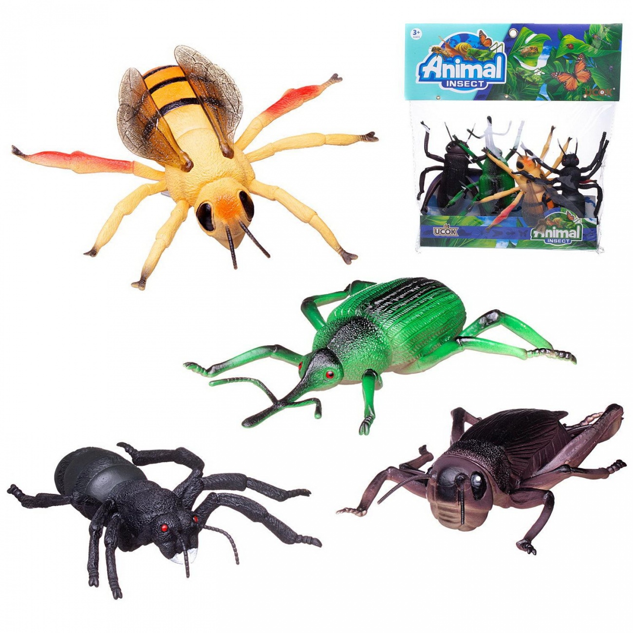 Игровой набор Junfa Насекомые (муравей, жук трубковерт, жук-носорог, пчела) длина фигурки 20см WA-10935