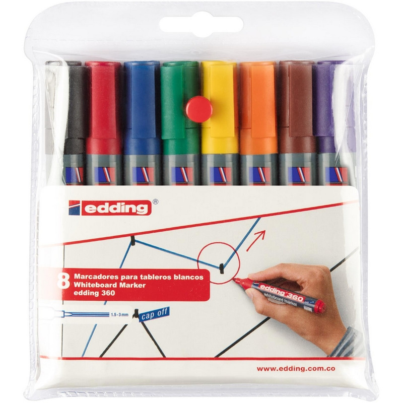 Набор маркеров для досок EDDING 360, 1,5-3 мм, 8 цветов в ПВХ конверте 1183295