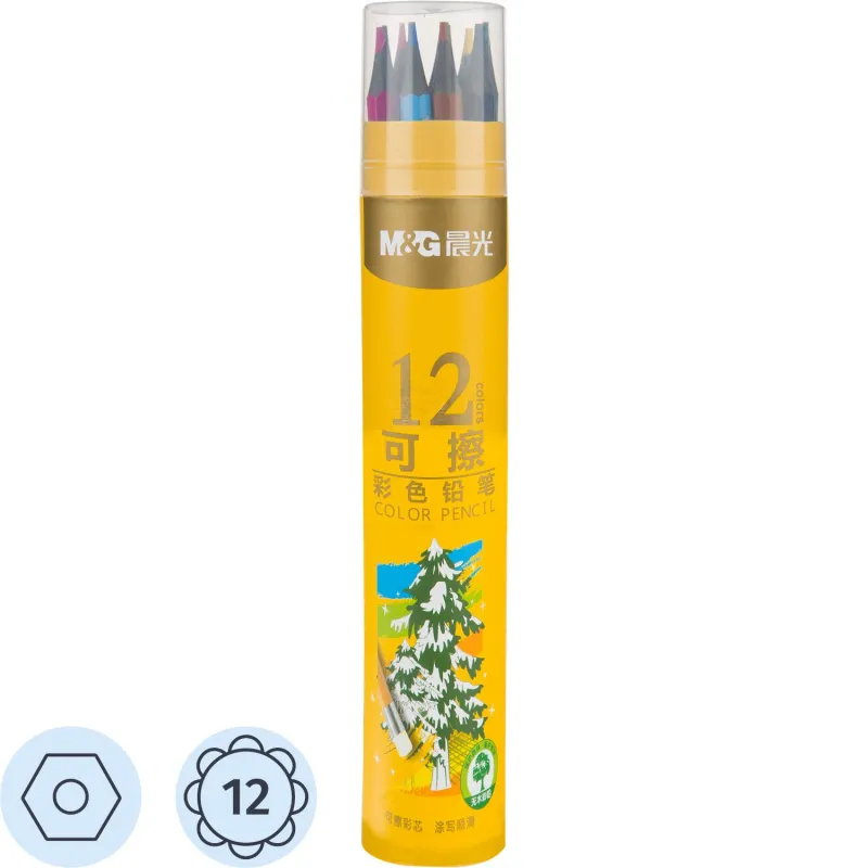 Карандаши цветные M&G, пластиковые, шестигран, стираемые, 12 цв/наб, в тубе 1785583 AWPQ0506