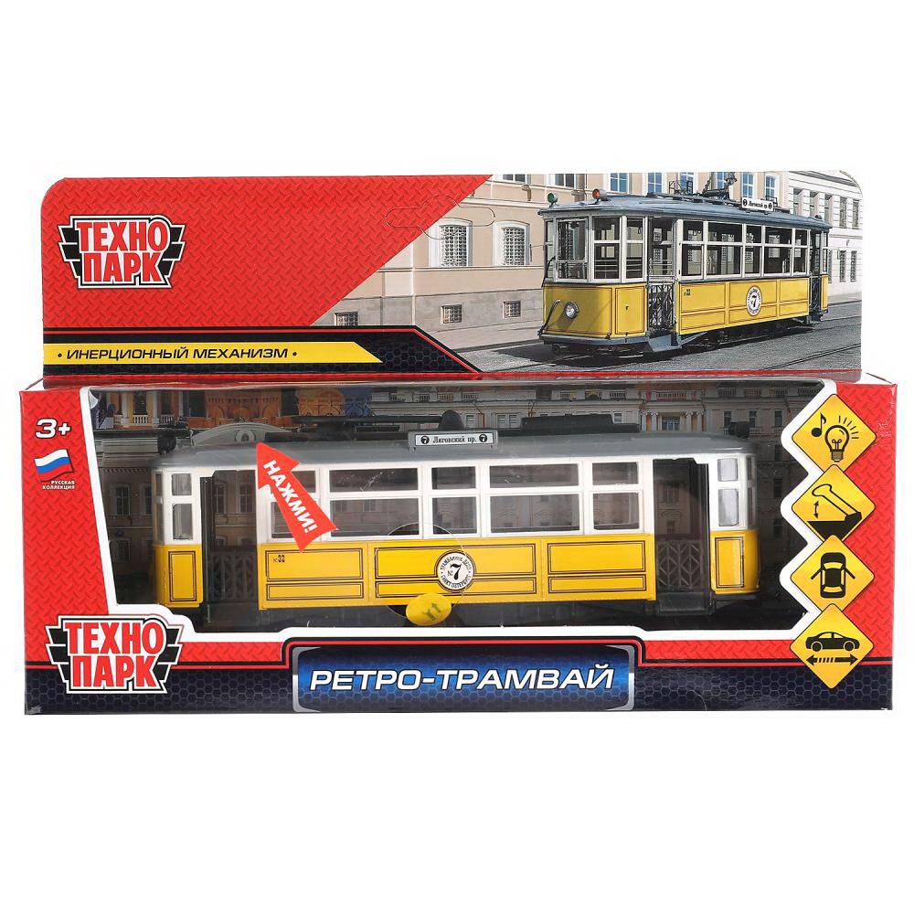 Машинка Технопарк Трамвай Ретро свет и звук желтый 17 см TRAMMC1-17SL-YE