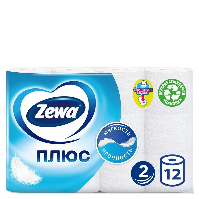 Бумага туалетная Zewa Плюс 2-слойная белая (12 рулонов в уп) 144090 200600