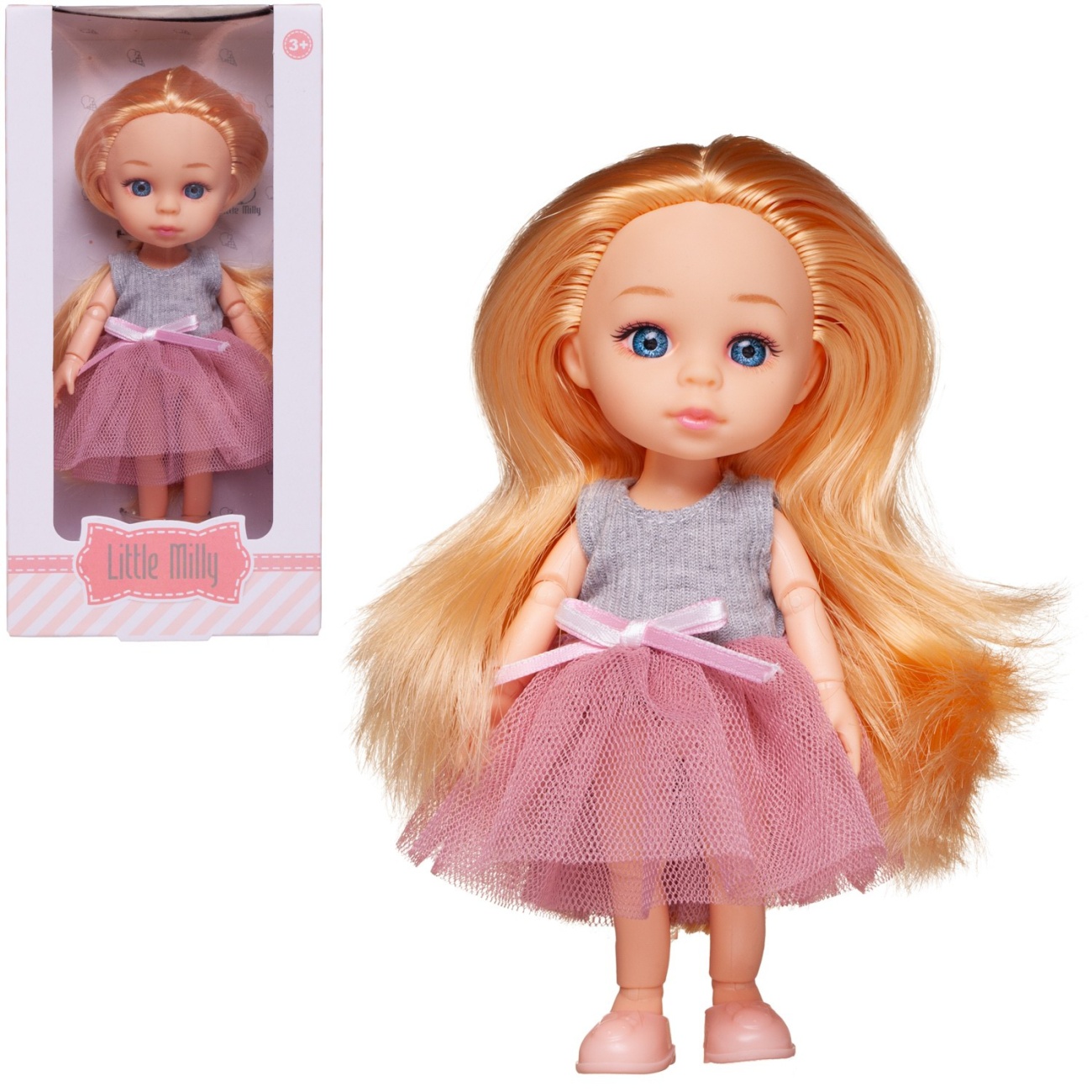 Кукла Junfa 16см Малышка-милашка в серо-розовом платье с бантом WJ-30331