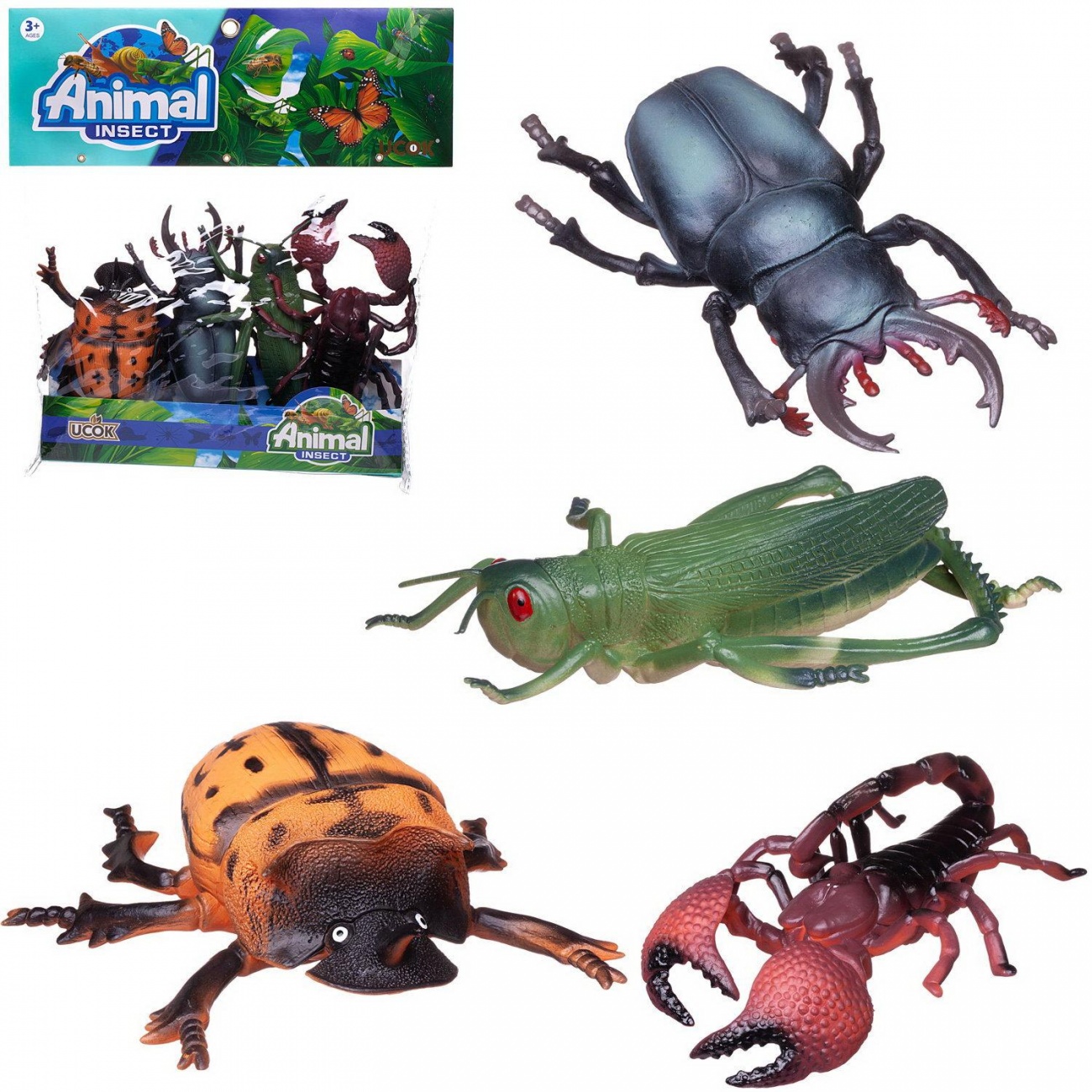 Игровой набор Junfa Насекомые (кузнечик, скорпион, жук-олень, колорадский жук) длина фигурки 20см WA-10937