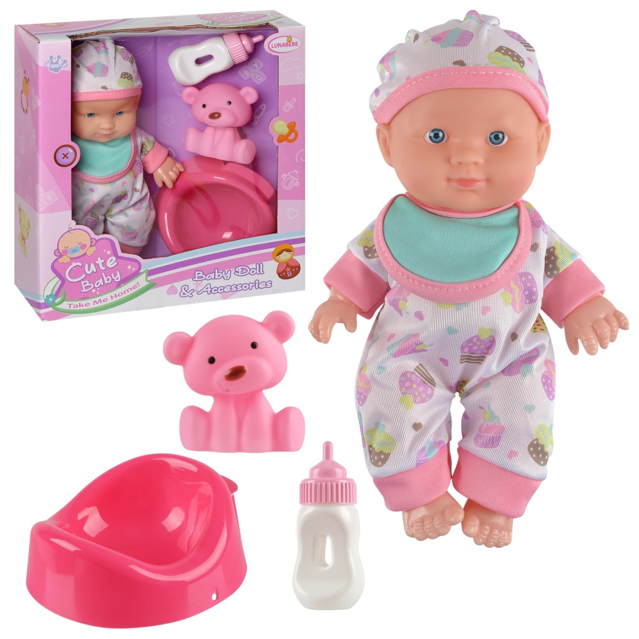 Игровой набор Junfa Пупс 22 см с медвежонком, бутылочкой и горшком WJ-36390