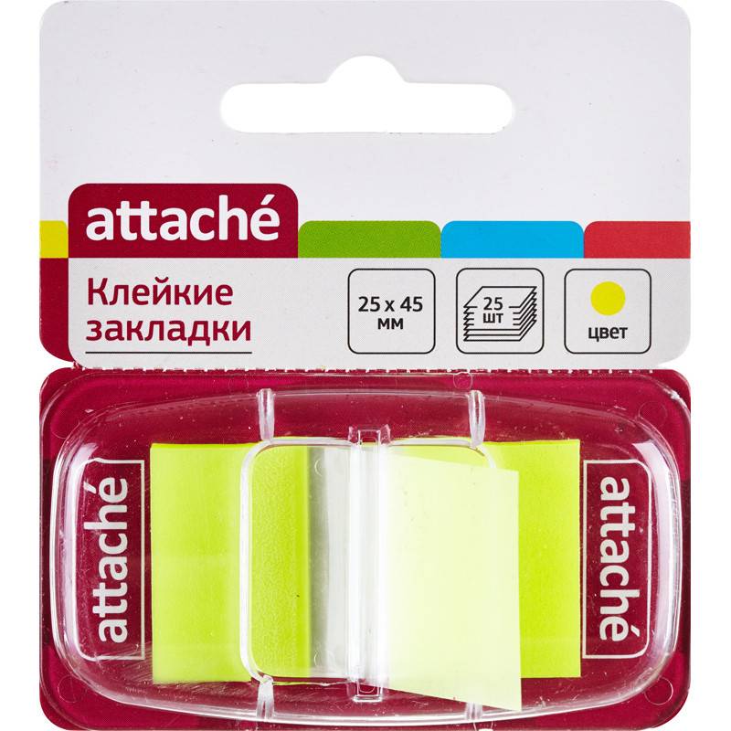 Клейкие закладки Attache пластиковые желтые 25 листов 25х45 мм в диспенсере 166081