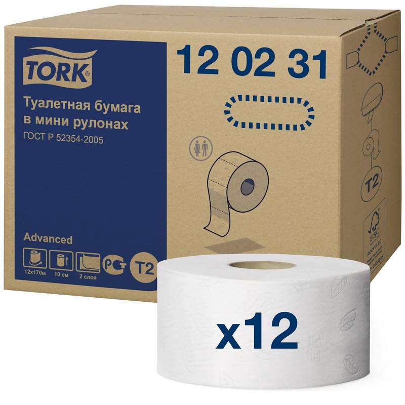 Бумага туалетная в рулонах Tork Advanced T2 2-слойная 12 рулонов по 170 метров (120231) 361759