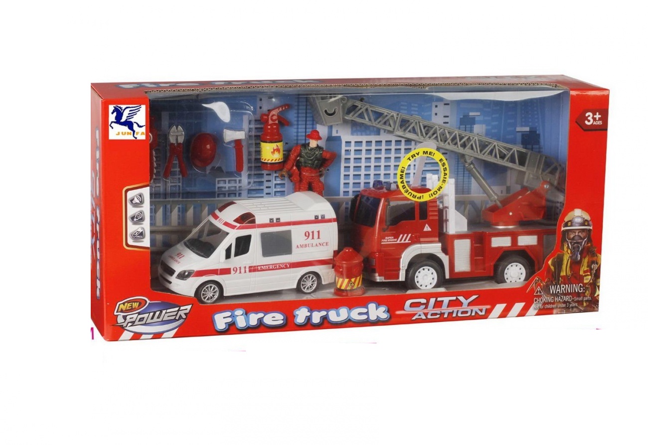 Игровой набор Junfa Служба спасения (пожарная, скорая помощь, фигурка пожарного) свет/звук 9930A