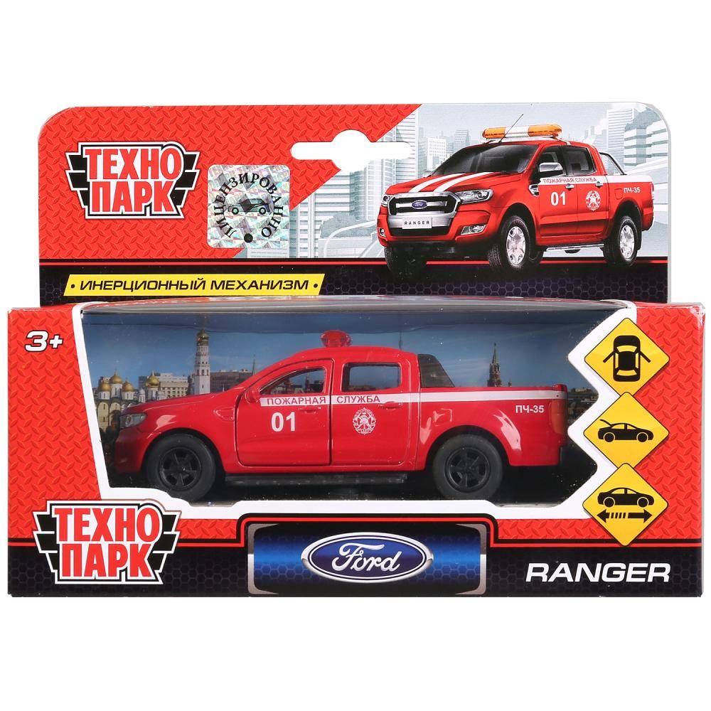 Машина металлическая "Ford Ranger Пикап Пожарный" 12 см, открываются двери, инерционная Технопарк SB-18-09-FR-F