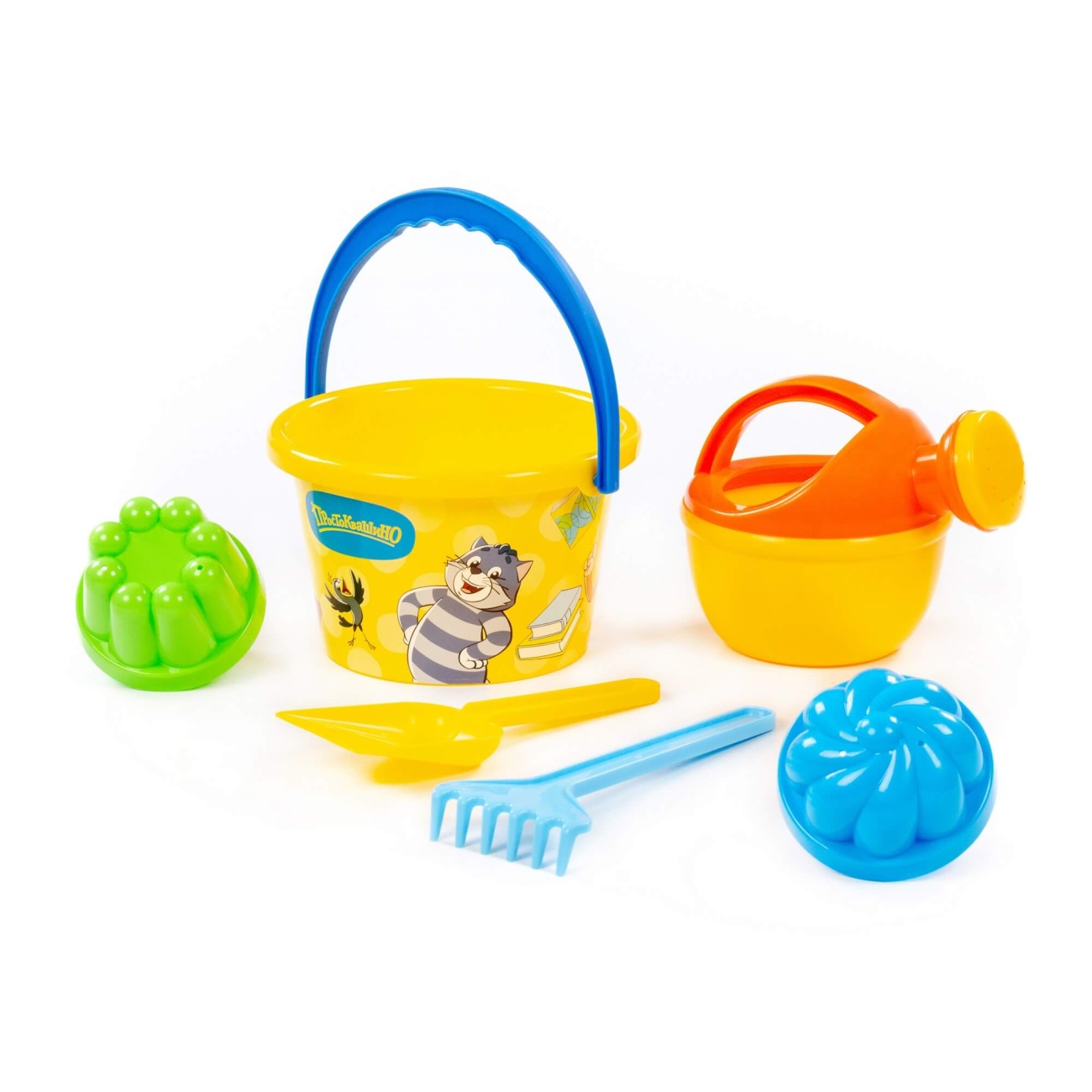 Набор "Простоквашино" №4: ведро среднее с наклейкой, лопатка, грабельки, 2 формочки, лейка Полесье 83302