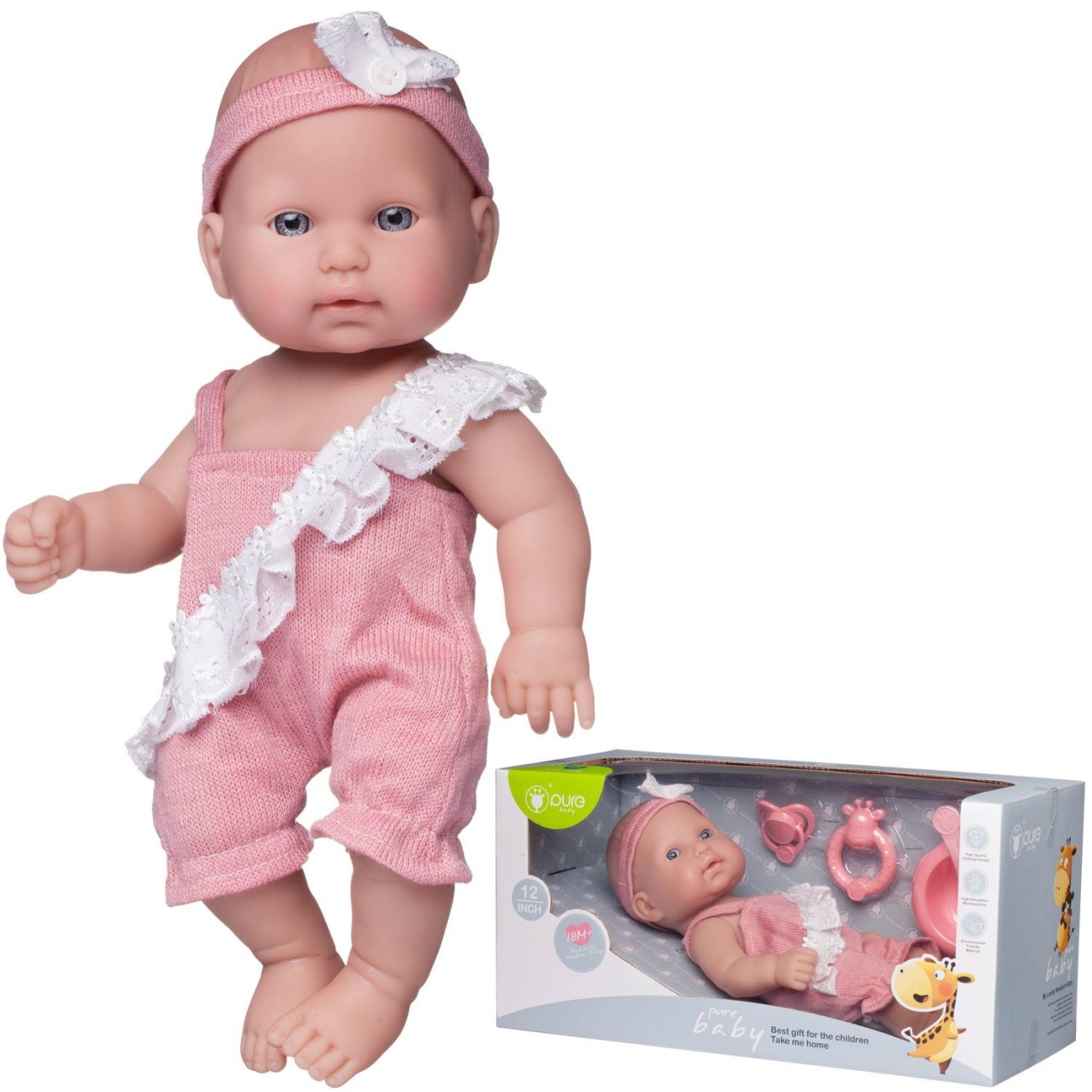 Пупс Junfa Pure Baby в розовом песочнике с белой рюшкой и повязке на голове, 30 см WJ-22512