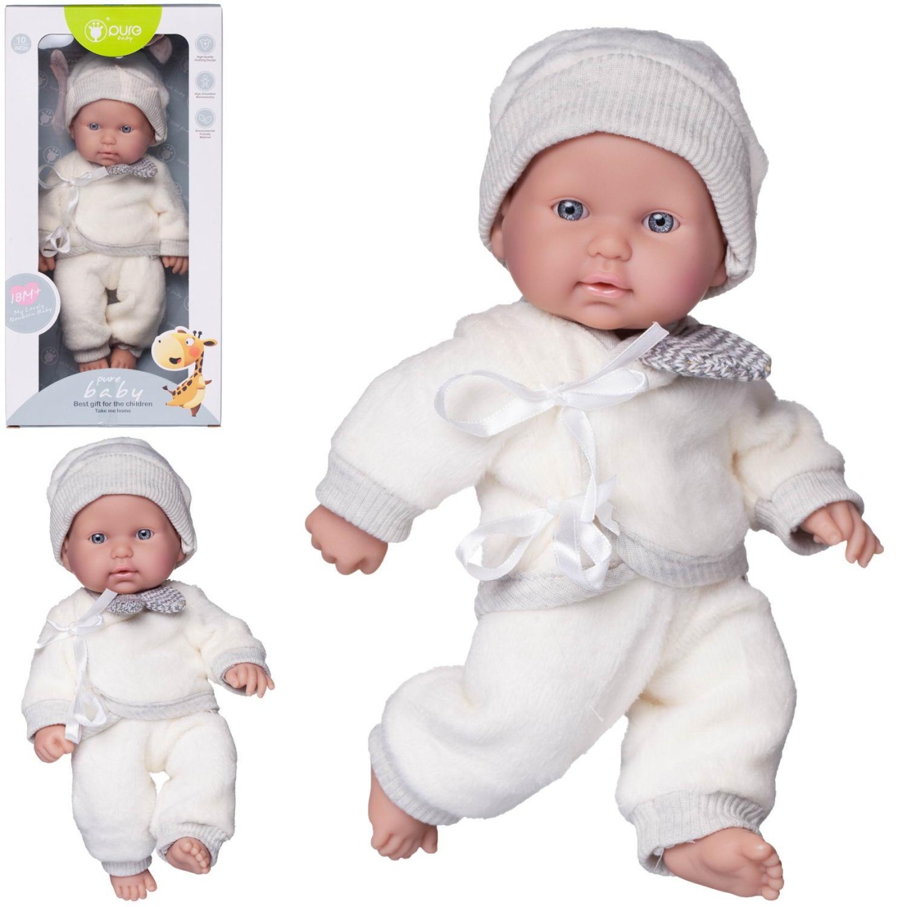 Пупс Junfa Pure Baby в вязаных бело-сером костюме, 25см WJ-22501