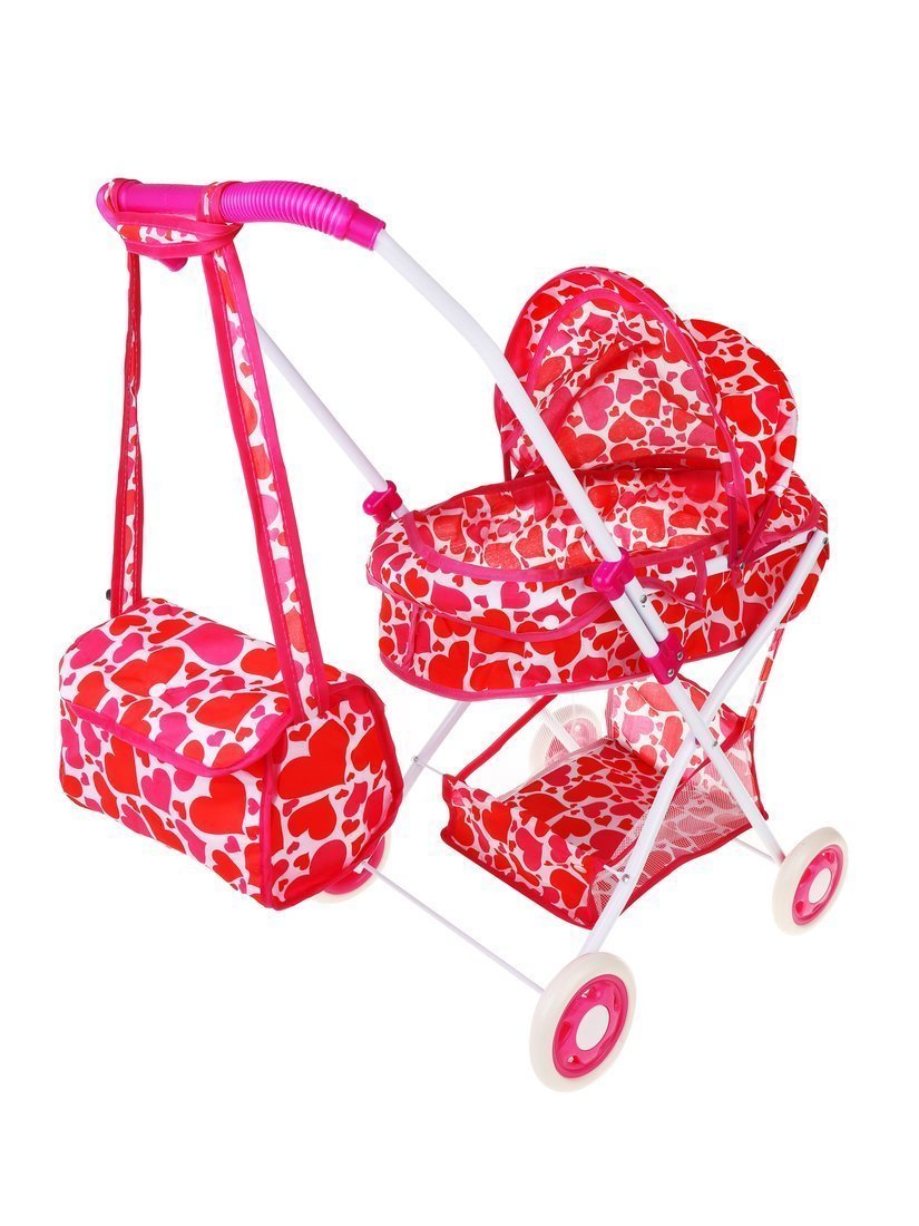 Коляска-люлька для кукол Сердца с корзиной и сумкой, металл, пакет Yako Toys M1418-7
