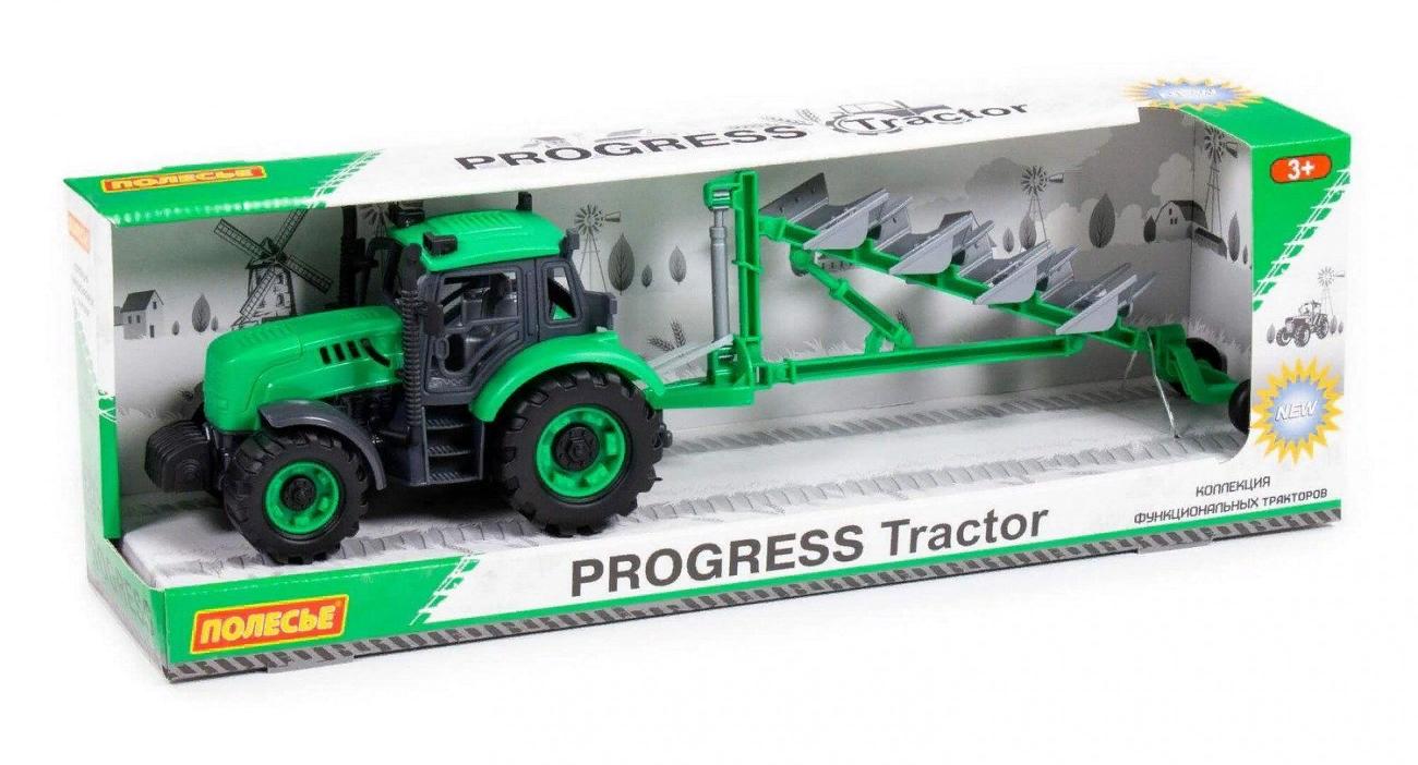 Трактор Полесье Прогресс с плугом инерция зелёный П-91307