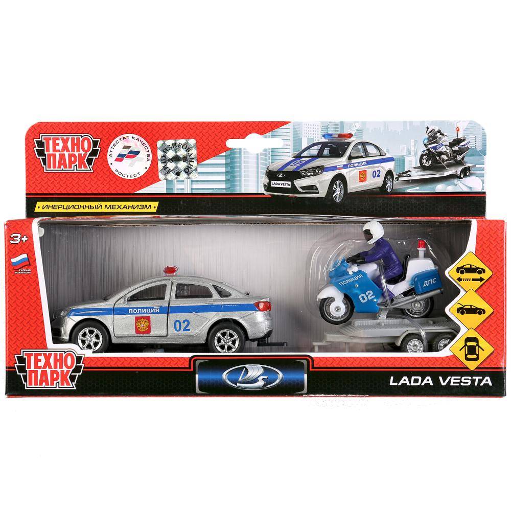 Машина Лада Веста "Полиция" 12 см. инерционная+ мотоцикл на прицепе, металл Технопарк SB-17-56WB