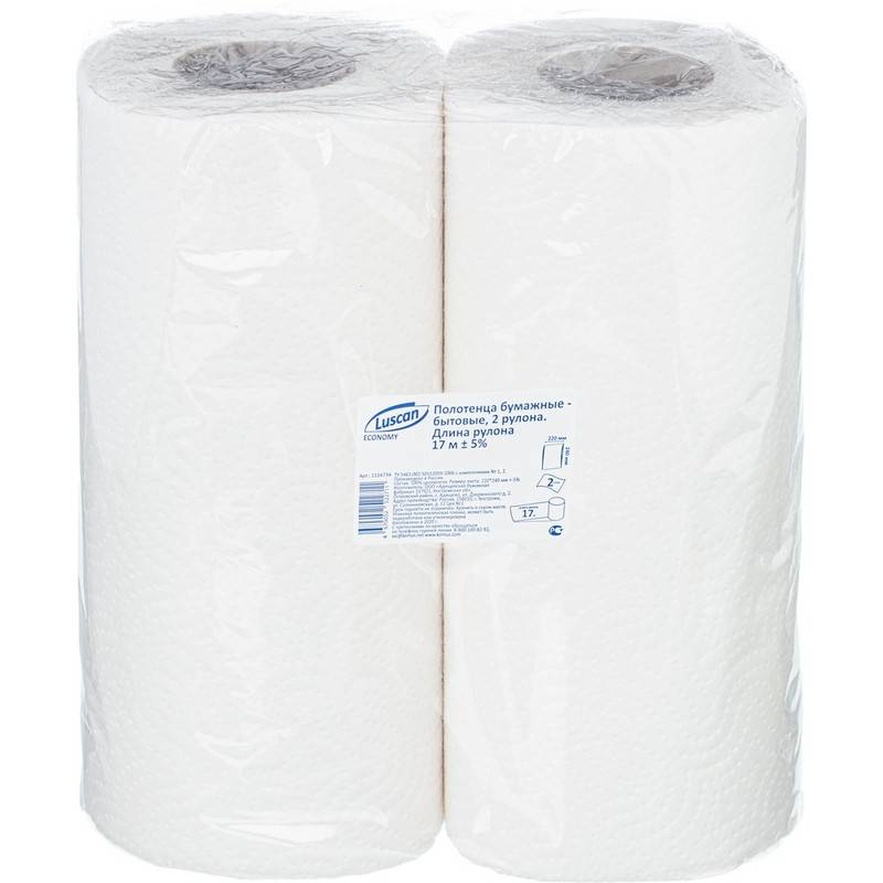 Полотенца бумажные Luscan Economy 2-слойные белые 2 рулона по 17 метров 1114734
