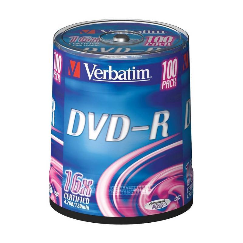 Носители информации DVD-R, 16x, Verbatim Azo Matt Silver, Cake/100, 43549 84131