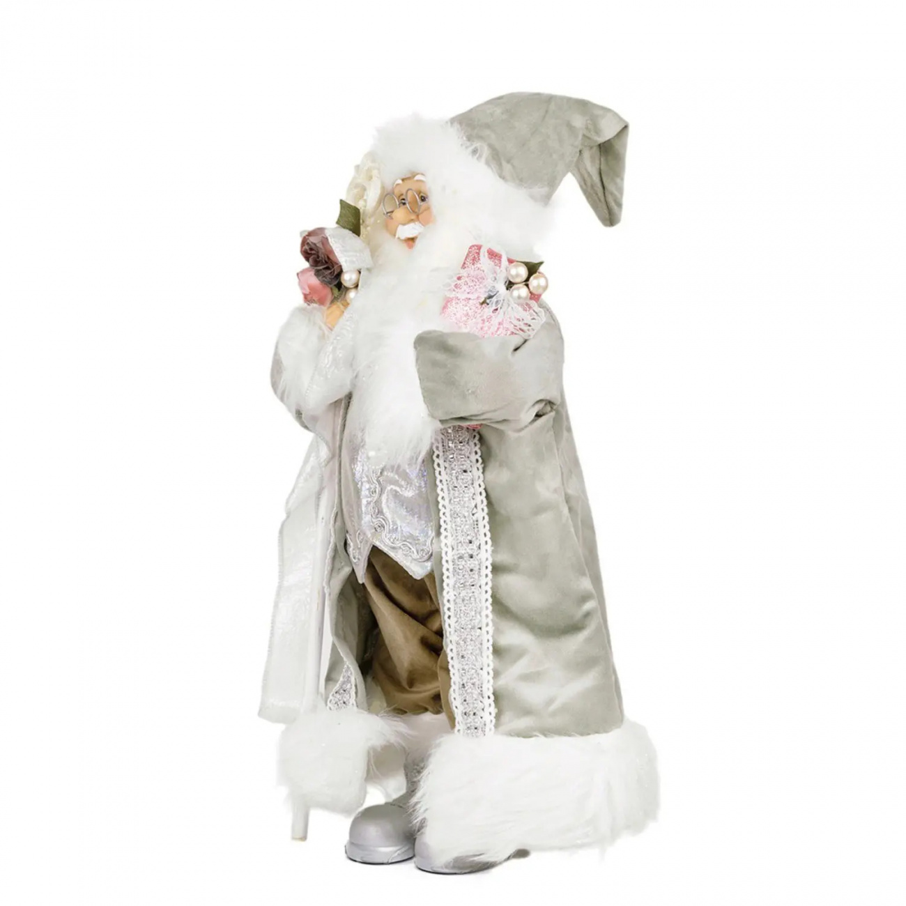 Дед Мороз MAXITOYS в длинной серой шубе с подарком и посохом 45см MT-102309-45