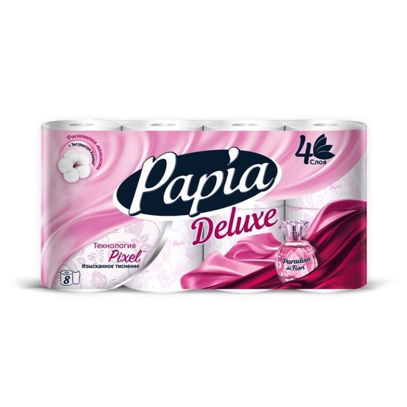 Бумага туалетная Papia Deluxe 4-слойная белая с цветочным ароматом (8 рулонов в уп) 5065075 1210543