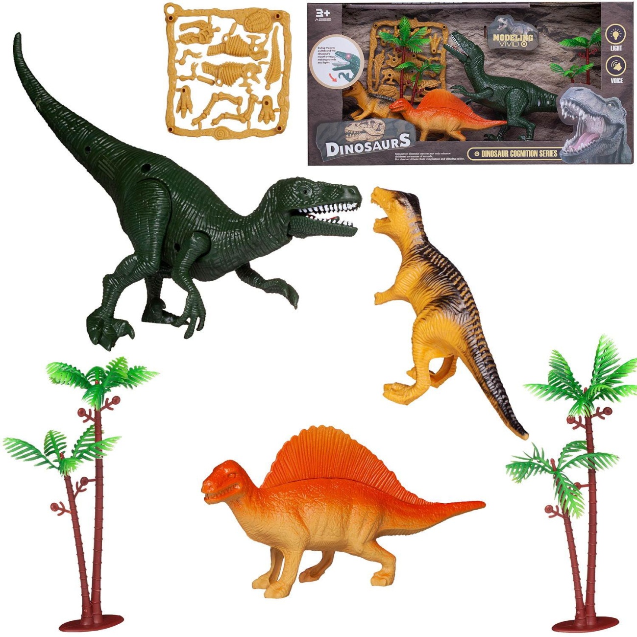 Игровой набор Junfa Динозавры (3 динозавра, детали д/сборки динозавра, 2 пальмы) свет/звук WA-19277