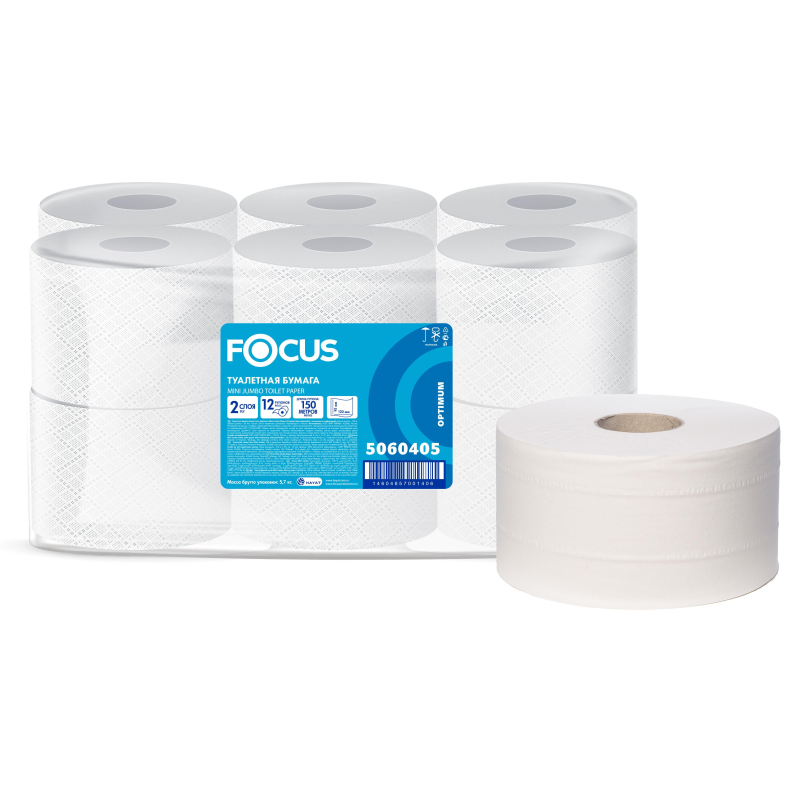 Бумага туалетная д/дисп Focus Jumbo Premium 2сл белцел150м 12рул/уп 5060405 1594286