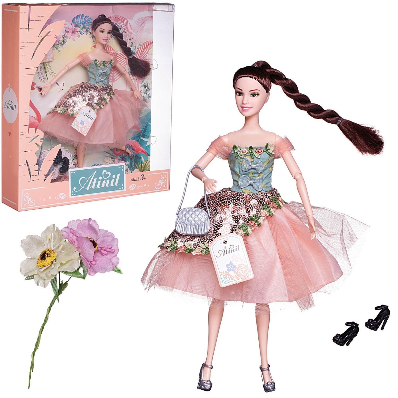 Кукла Junfa Atinil Летний день в платье с розовой юбкой с серым клатчем, 28см WJ-22274/розовое