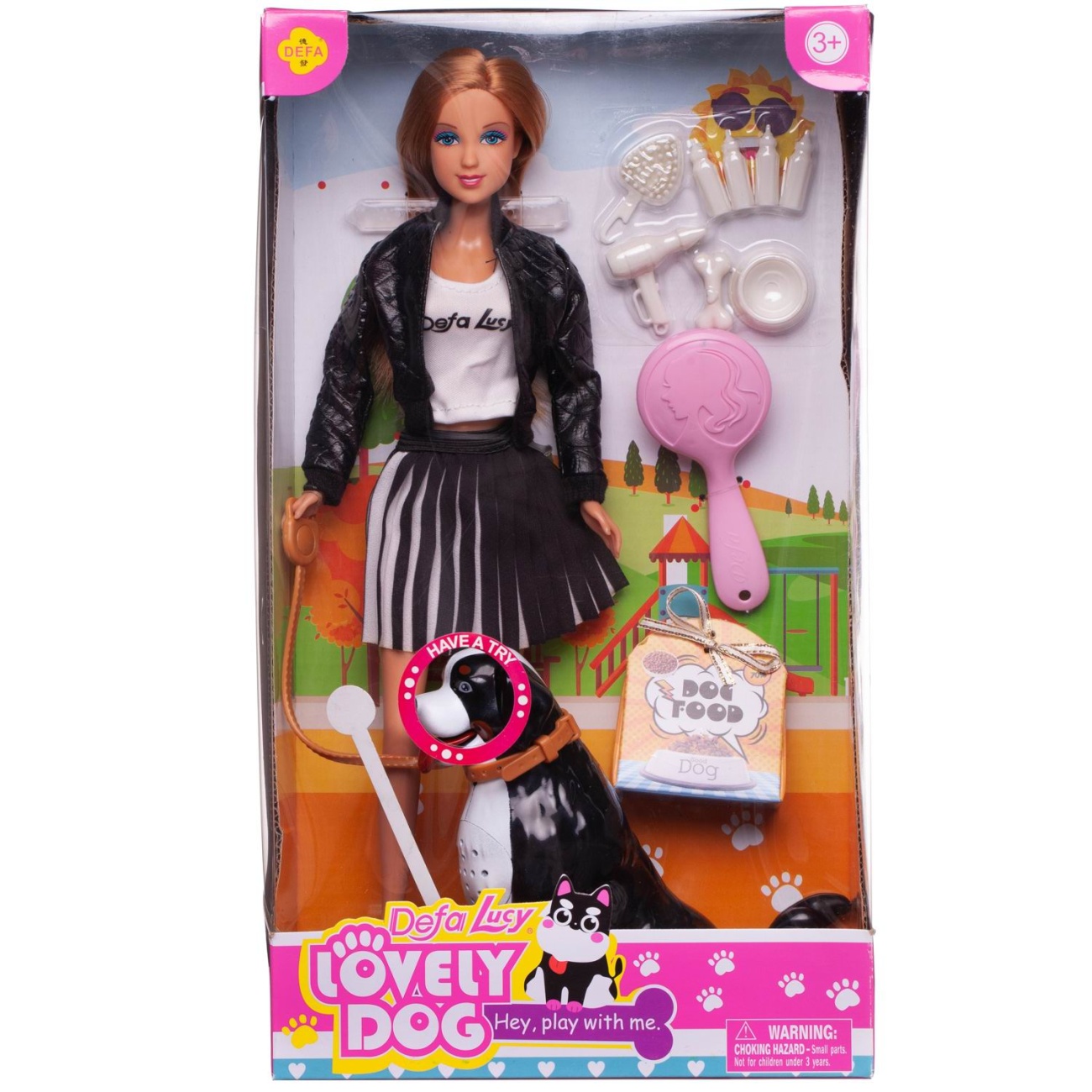 Кукла Defa Lucy На прогулке в черной куртке с собакой, с аксесс. 29 см 8428d/черная