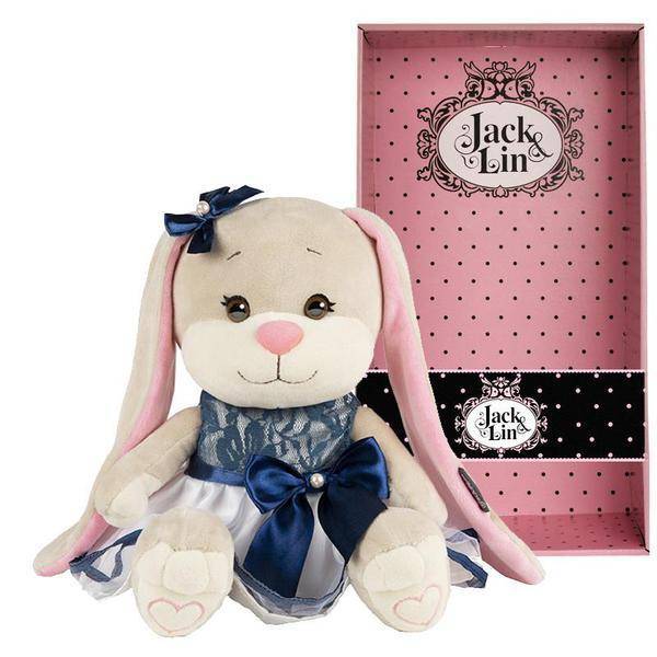 Мягкая игрушка Зайка в сине-белом платье с бантом, 25 см Jack&Lin JL-022004-25