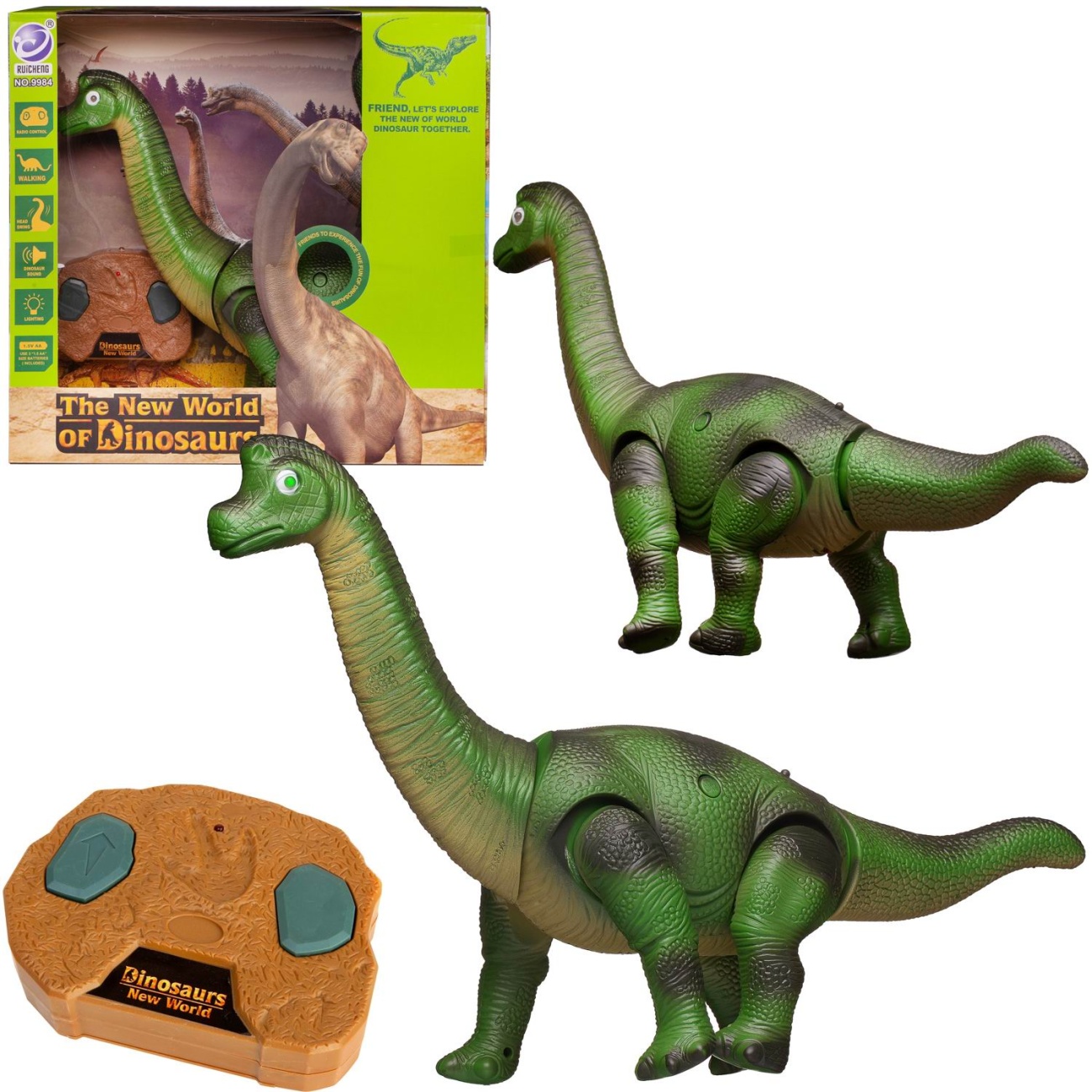 Игрушка интерактивная JUNFA Динозавр Бронтозавр, свет звук движение, р/у 9984/зеленый