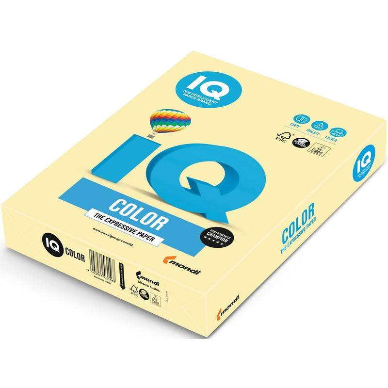 Бумага цветная для печати IQ Color желтая пастель YE23 (А4, 80 г/кв.м, 500 листов) 65129
