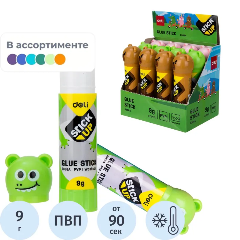 Клей-карандаш школьный 9г Deli с колпачком в форме зверька, в асс. E6366A 1871131