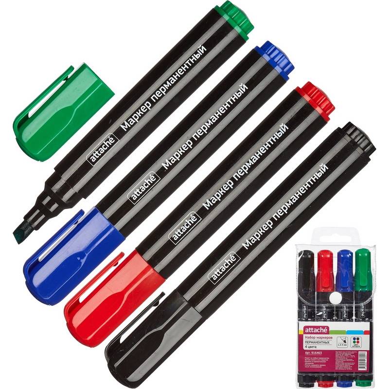 Набор маркеров перманентных Attache 4 цвета (толщина линии 1,5-3 мм) 916463